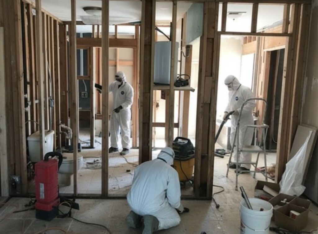 Water damage contractors working on frame and drywall during a restoration job